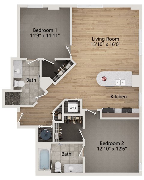 Floor plan for 2 beds, 2 baths, 1178 sqft
